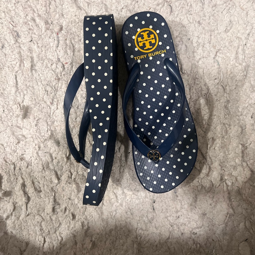 Tory Burch Blue and White Polka Dot Sandals